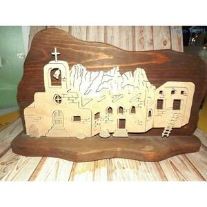Layered Solid Wood Mexican Villa Table Art Picture Tabletop Signed 3D